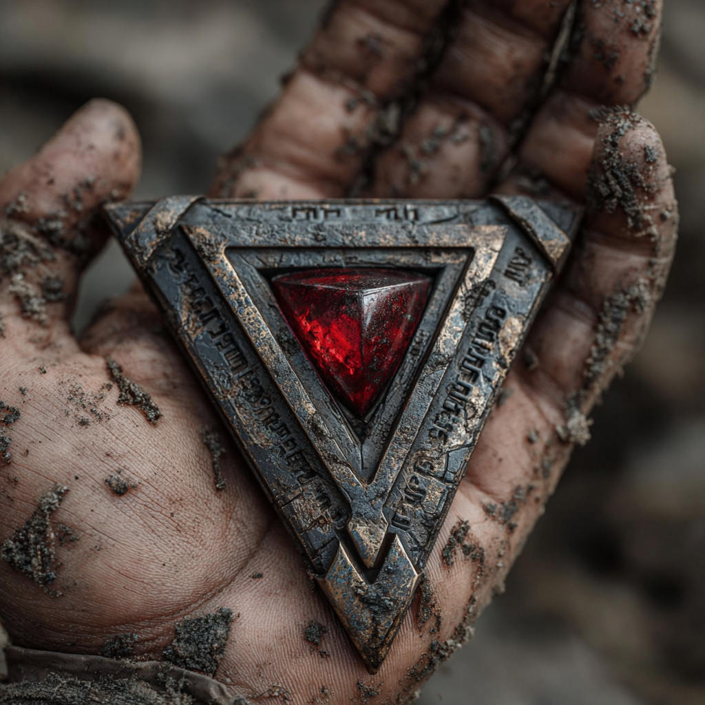 The triangular alien device from Omar and Ali: The Key to Orulenthia, held in a hand